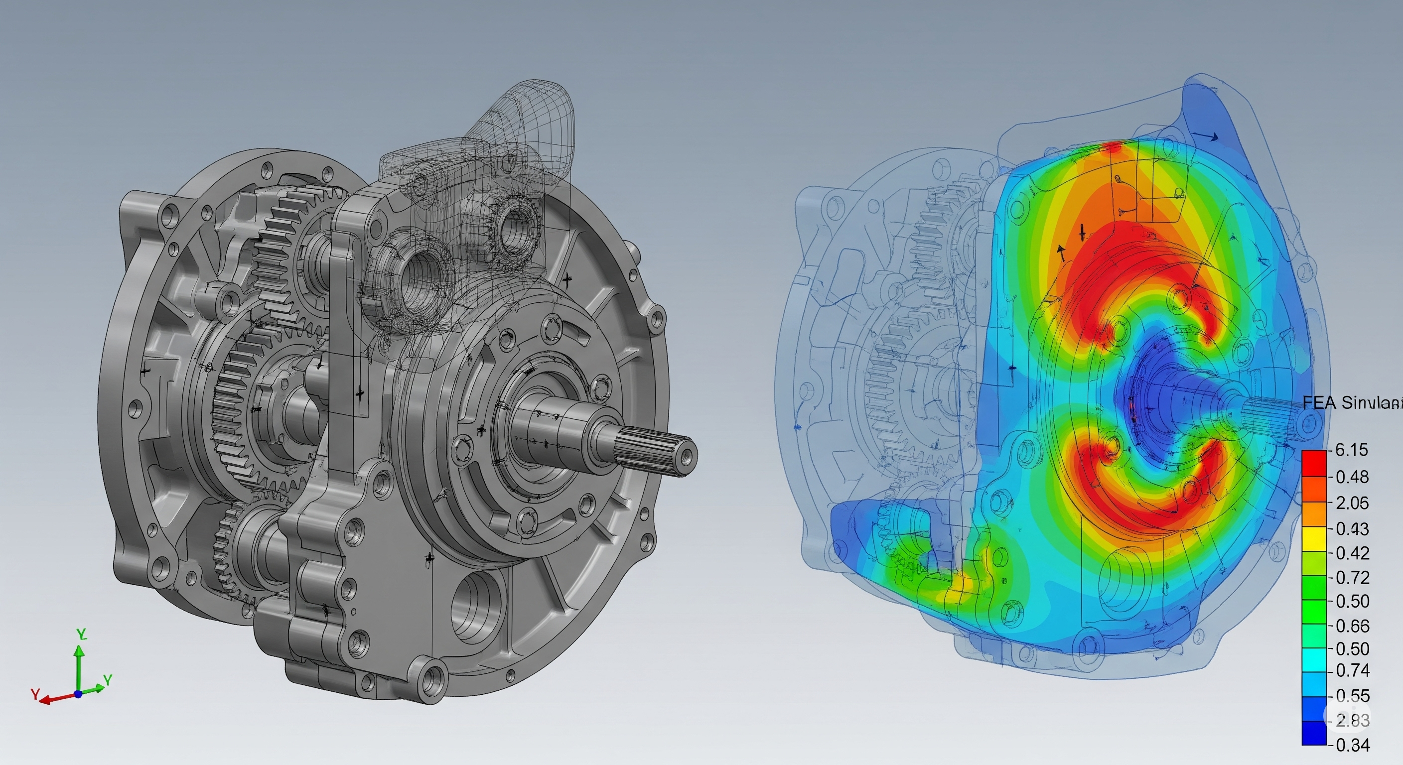 CAD model and FEA simulation render